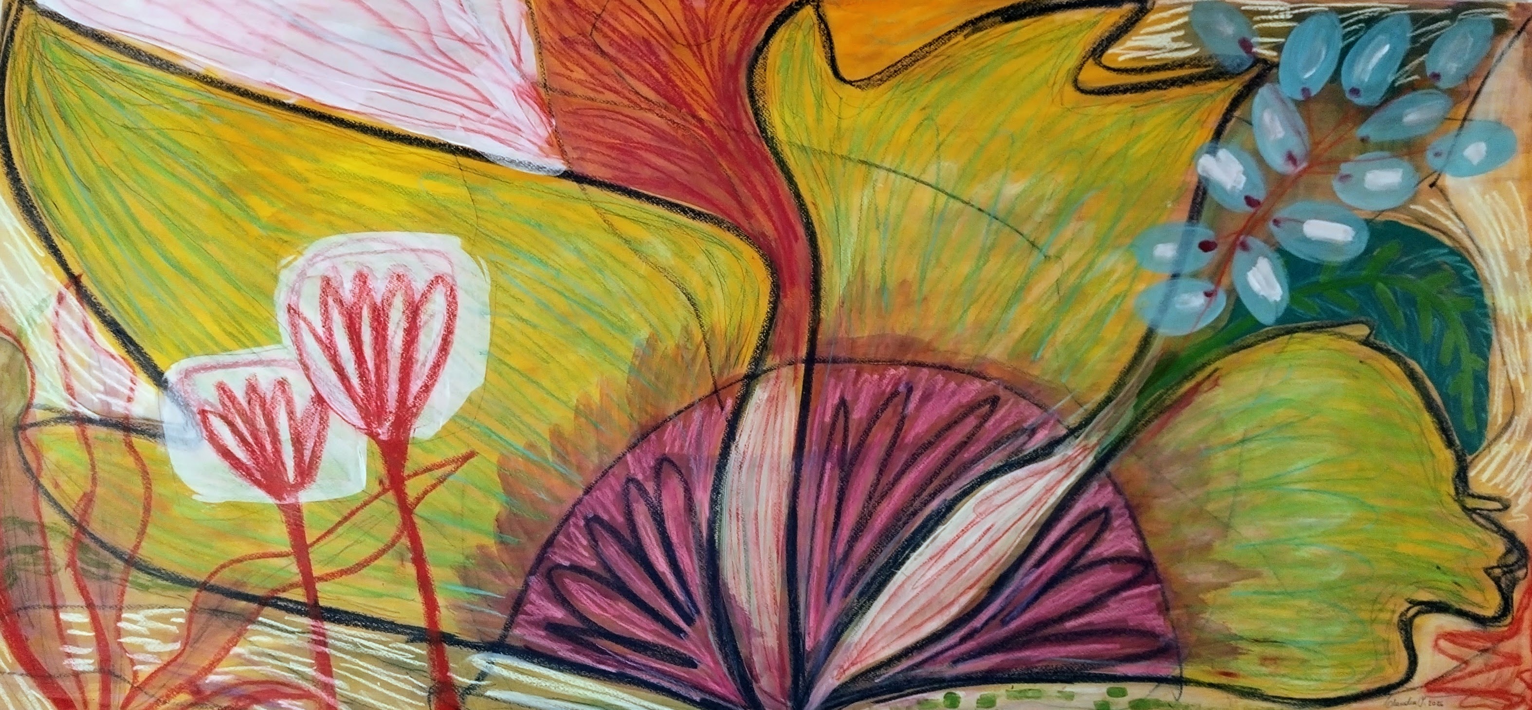 A vibrant abstract painting featuring bold swirls of colours, including yellow, red, and green, along with stylised floral shapes in pink and white.
