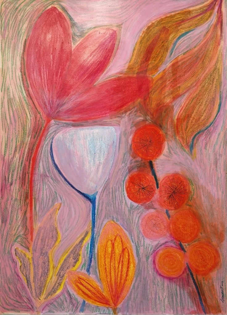 A vibrant abstract artwork featuring various flowers and leaves in shades of pink, red, orange, and blue on a textured background.