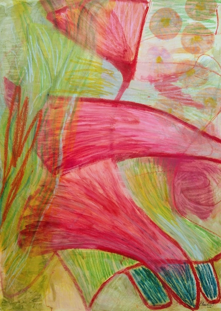 An abstract artwork featuring vibrant shades of red, pink, and green with fluid shapes and textures, creating a lively and dynamic composition.