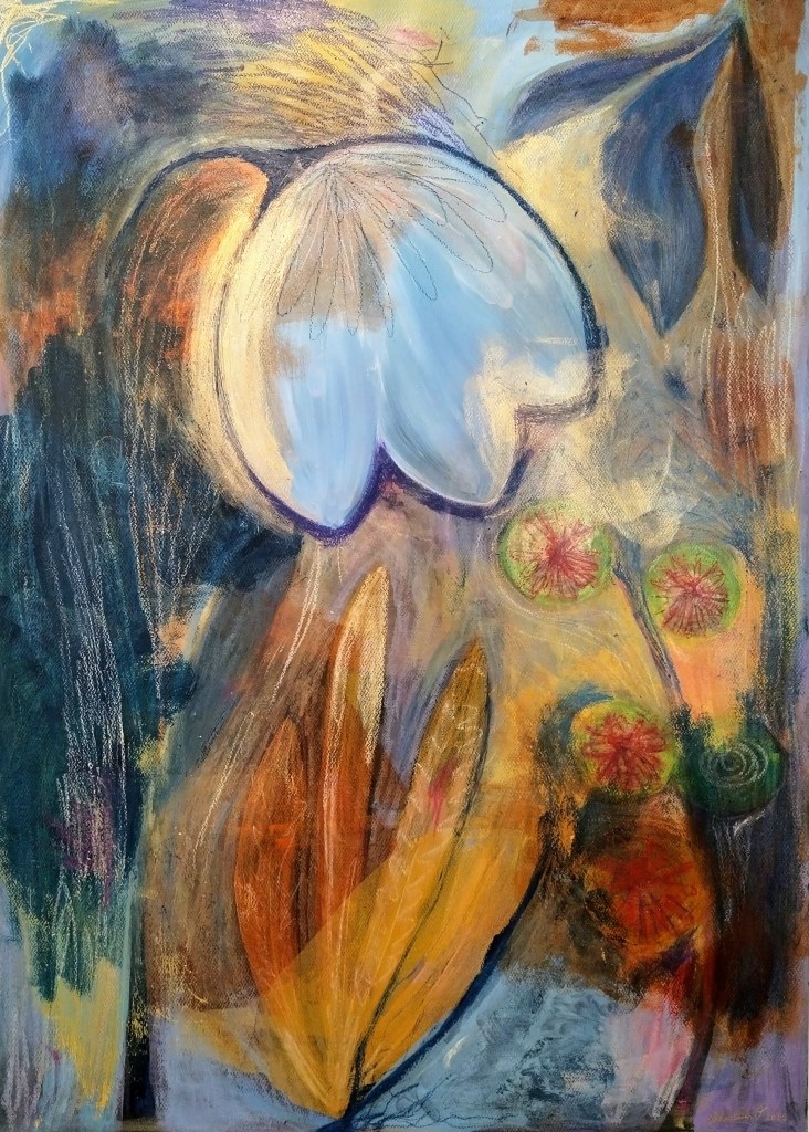An abstract painting featuring stylised flowers and leaves in soft pastel colours, with blue, orange, and green tones blending together.