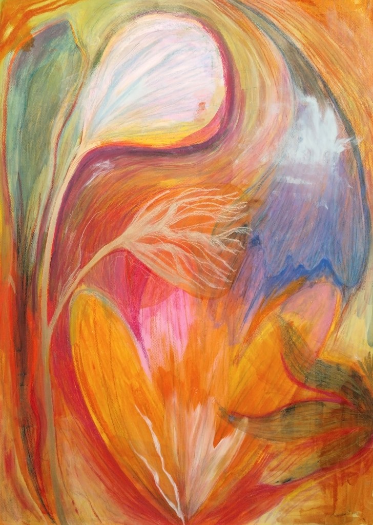 An abstract painting featuring swirling shapes and vibrant colours, including reds, oranges, yellows, and blues, with floral-inspired forms and textures.