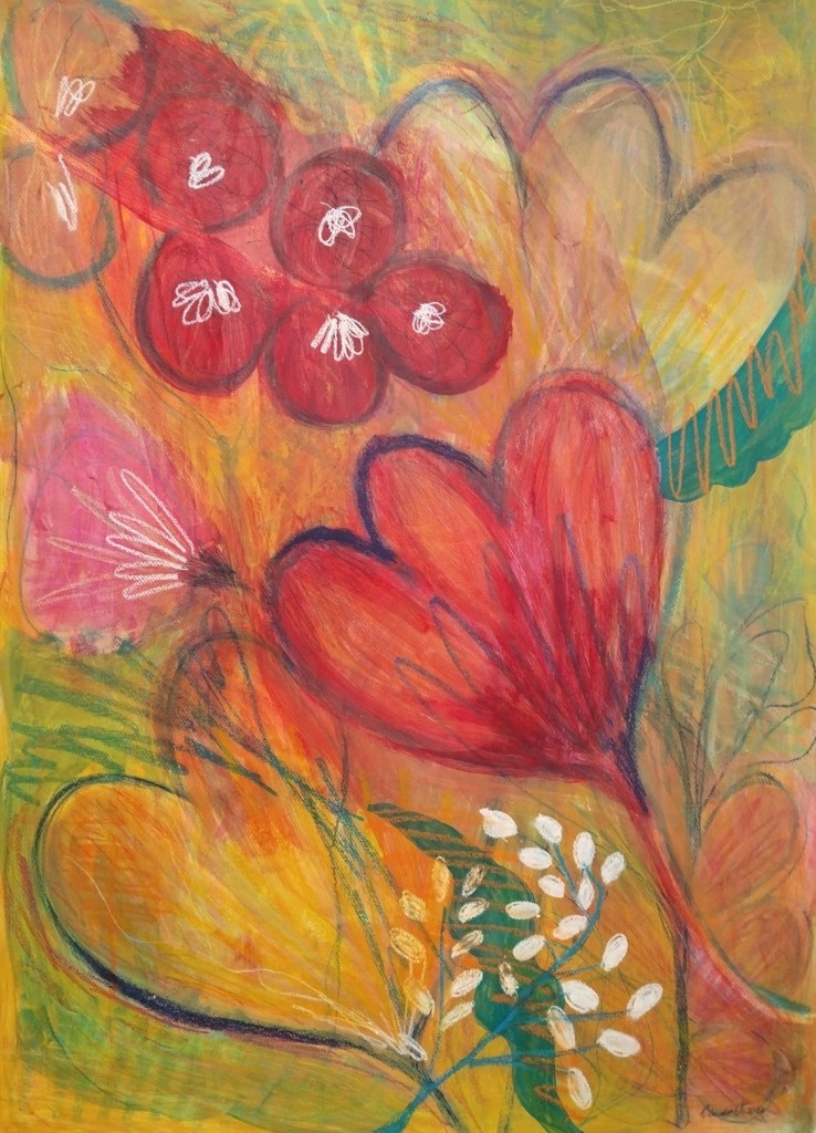 Abstract floral artwork featuring vibrant red and pink flowers with orange and yellow background.