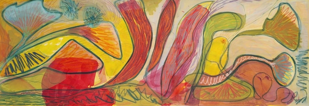 An abstract painting featuring vibrant swirls and shapes in shades of yellow, red, green, and blue, depicting organic forms reminiscent of plant life.