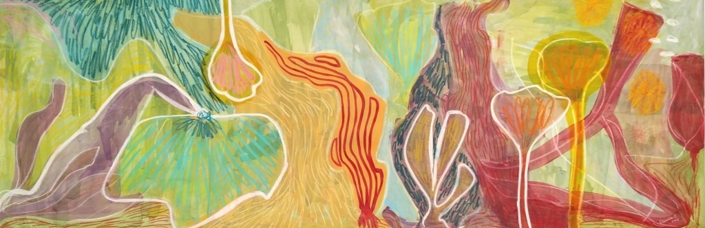 An abstract artwork featuring fluid shapes and vibrant colours, including greens, oranges, and reds, depicting organic forms that resemble plants and figures.