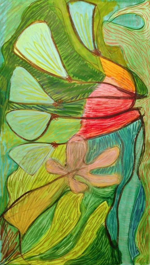 An abstract drawing featuring vibrant colours and organic shapes, resembling leaves and flowers, with a mix of green, red, yellow, and blue tones.