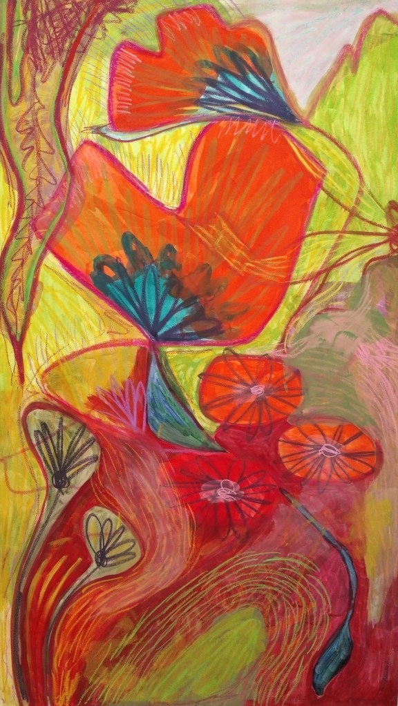 An abstract painting featuring vibrant red flowers with blue accents against a multicoloured background of greens and yellows.