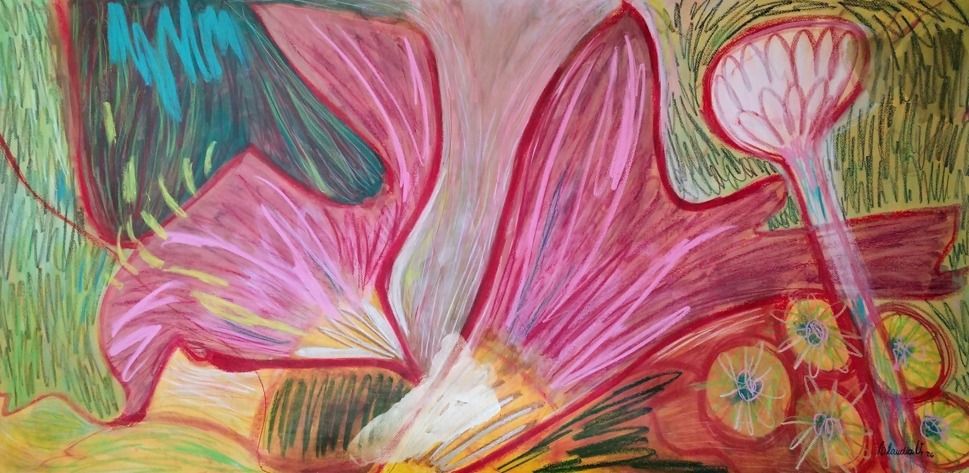 A vibrant abstract painting featuring large, swirling petals in shades of pink and red, with elements of green and blue. The background includes textured strokes of various colours, suggesting floral shapes and patterns.